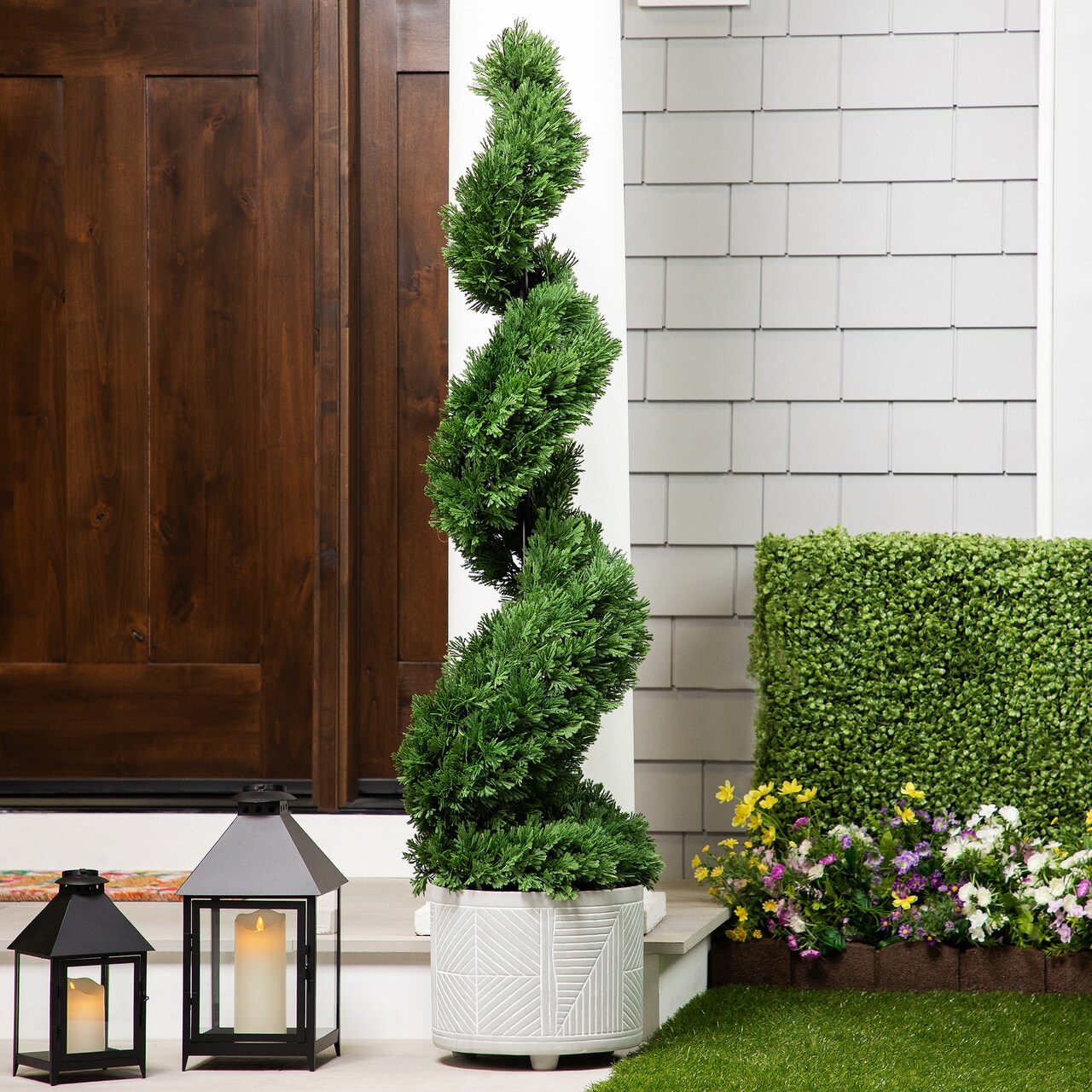 Northlight Real Touch™ Artificial Cedar Spiral Topiary Tree in Black Pot, Unlit - 5'